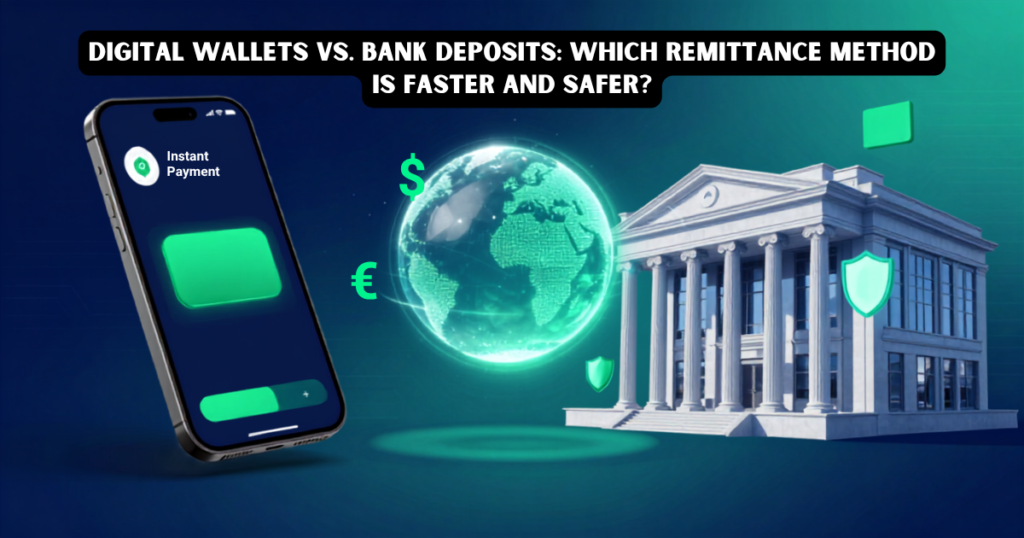 Digital Wallets vs. Bank Deposits remittance comparison dashboard layout showing mobile application next to banking columns