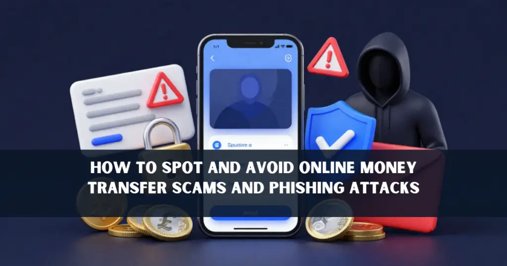 Illustration showing online money transfer scams and phishing attacks with a smartphone, fake emails, security shields, warning symbols, and digital payment icons.