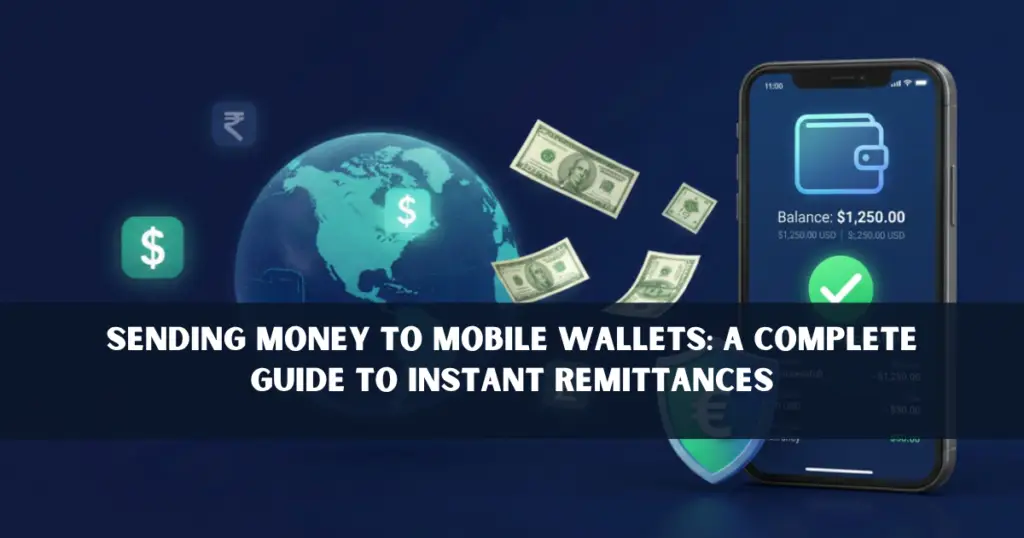 Illustration of an international money transfer being sent instantly to a mobile wallet through a smartphone, featuring digital payment icons, a globe, and secure transfer symbols.