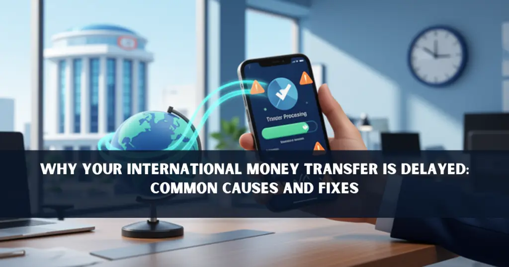 Illustration showing a delayed international money transfer with a smartphone displaying a processing status, bank icons, clocks, warning symbols, and global payment graphics.