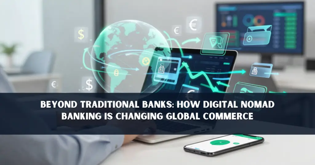 a digital nomad using online banking apps and managing international payments with multiple currencies and global money transfer icons.