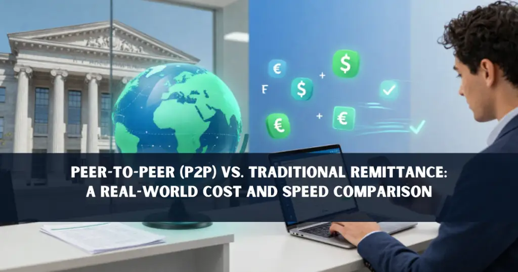 Split-screen image comparing traditional bank remittances and peer-to-peer money transfer apps for international money transfers.