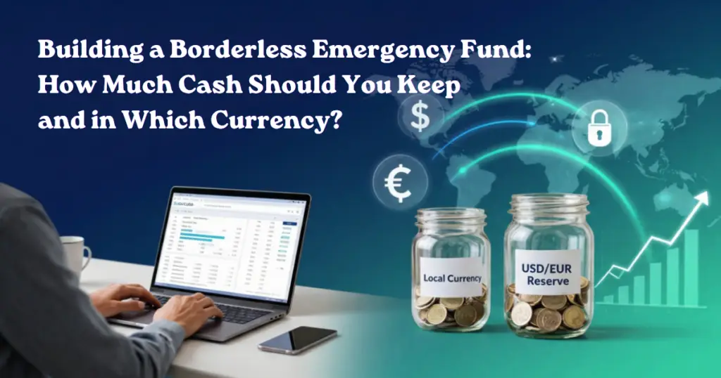 Digital nomad managing a borderless emergency fund with savings in local currency and stable global currencies using online banking tools.