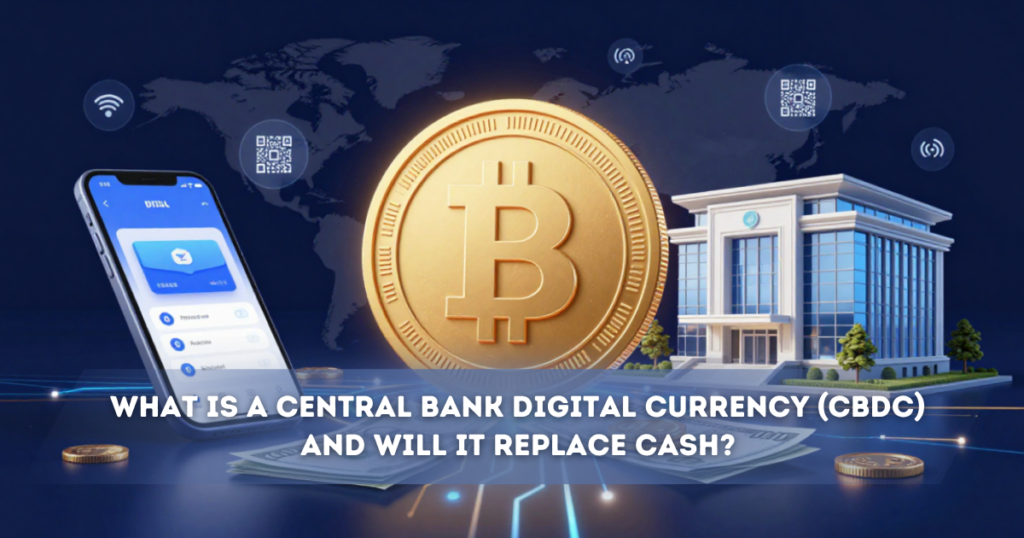 Illustration of a digital currency coin, smartphone, central bank building, and physical cash connected through a global financial network, representing Central Bank Digital Currency (CBDC).