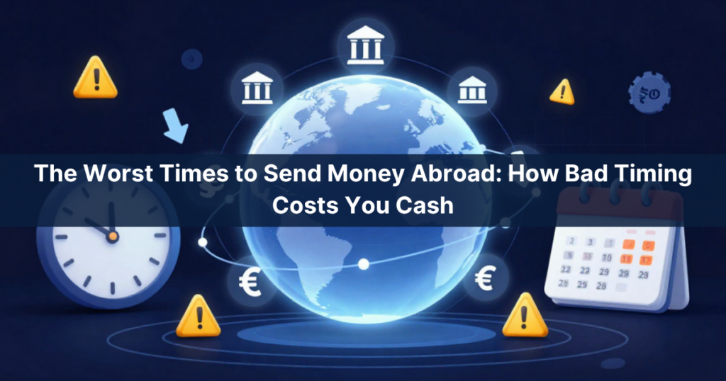 Illustration showing a clock, calendar, and international money transfer icons highlighting the worst times to send money abroad due to delays and unfavorable exchange rates.