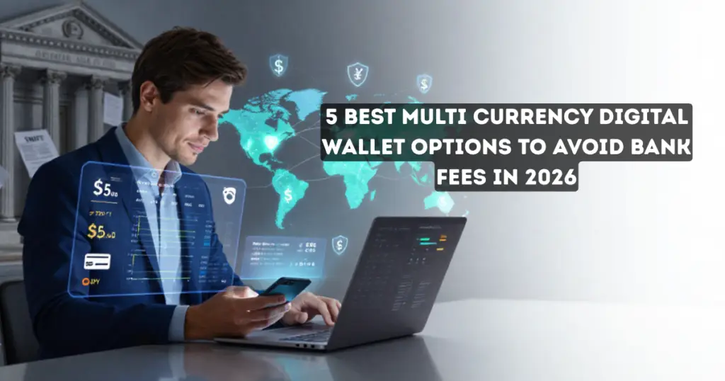Professional freelancer managing multiple currencies with a multi-currency digital wallet, global payment network, transparent exchange rates, and international money transfers while avoiding traditional bank fees.