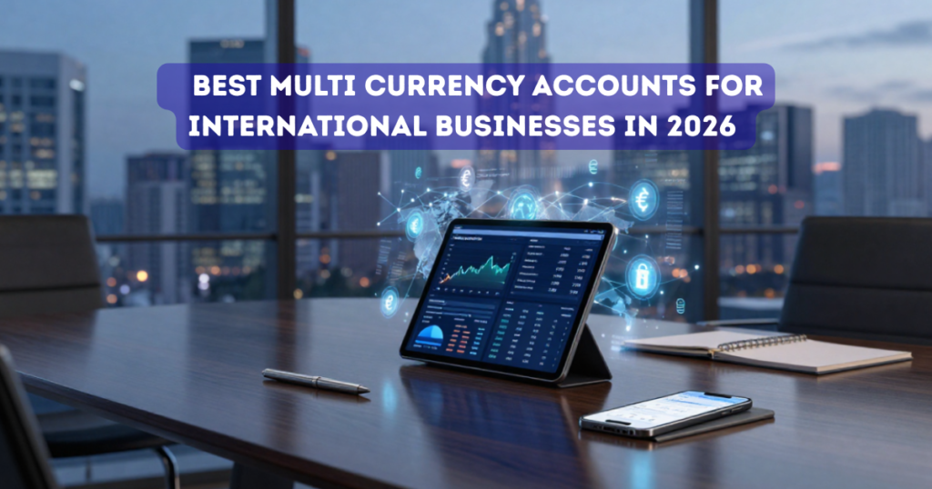 Modern tablet displaying international multi currency accounts data and corporate financial cash flow dashboards.