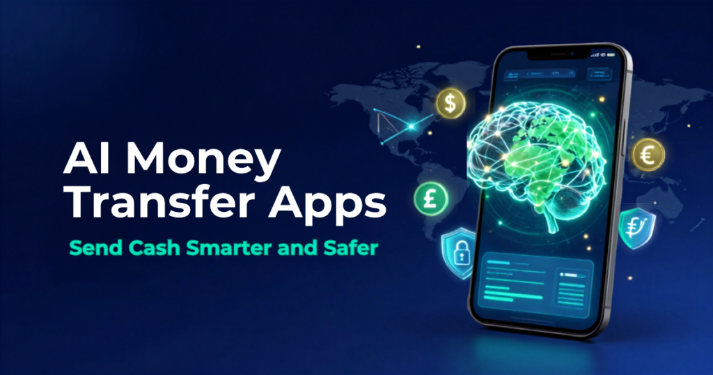 A modern user interface of secure ai money transfer apps showcasing automated fraud detection and smart routing metrics on a phone screen.